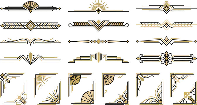 Elegant art deco divider and corner border frame set with luxury black and gold geometric ornaments for vintage invitation packaging design