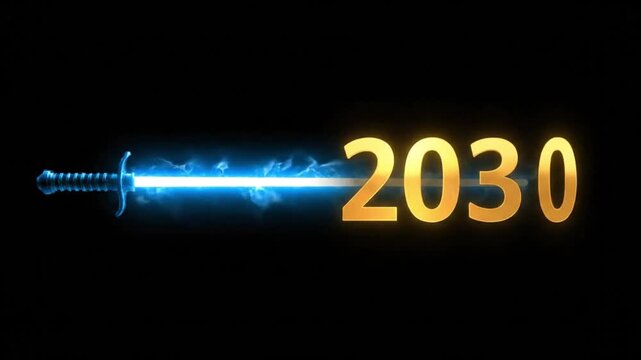 Sword morphs into a glowing golden number 2030 with futuristic energy particles in dark space.