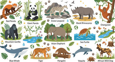 Endangered wildlife species cartoon vector illustration collection featuring giant panda tiger elephant and snow leopard icons for school education poster templates © Protima