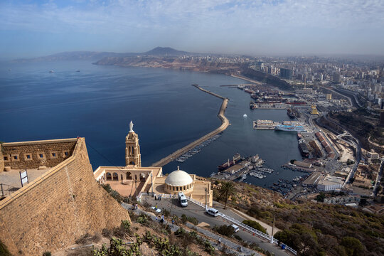 Santa Cruz Chapel and Virgin Mary Tower with Oran Harbor from Fort Santa Cruz Panorama