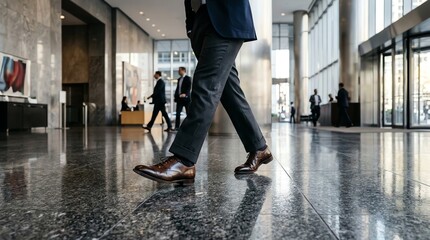 Obraz premium Businessmen walking in a modern office lobby with reflective flooring, representing corporate success and professionalism