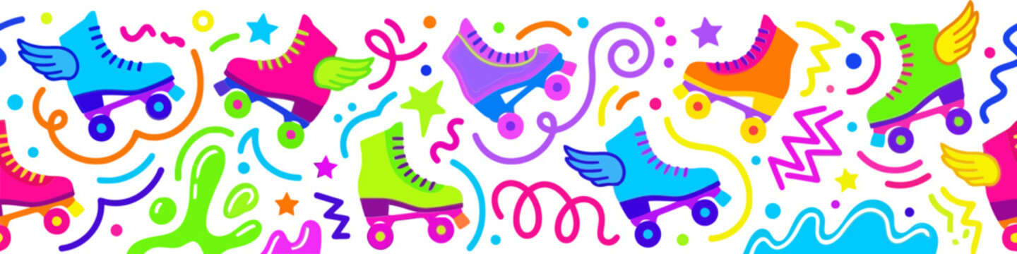 Colorful Retro Roller Skates Seamless Border Pattern with Wings and Stars