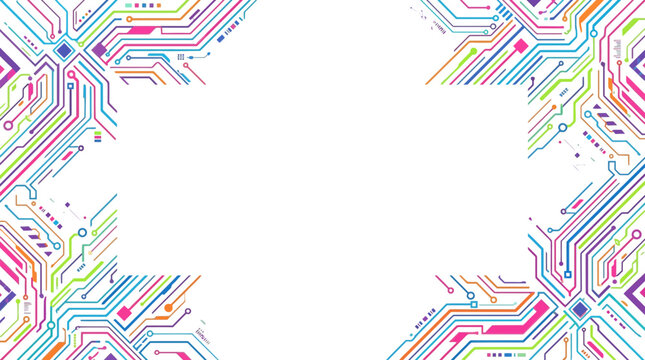 Colorful Digital Circuit Board Pattern Frame with Empty White Center Space