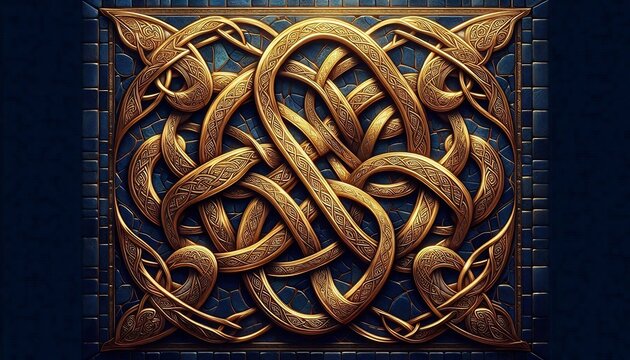 Intricate golden celtic knotwork pattern on a textured deep blue mosaic background