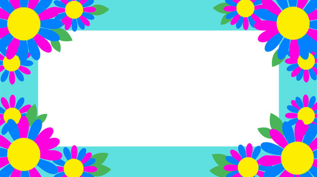 Colorful Floral Frame with Stylized Daisies and Central Copy Space