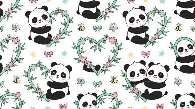 Cute Panda Bears and Heart Shapes Pattern