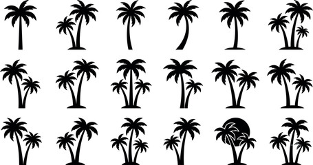 Fototapeta premium Palm tree silhouettes a collection of tropical plant shapes on a white background