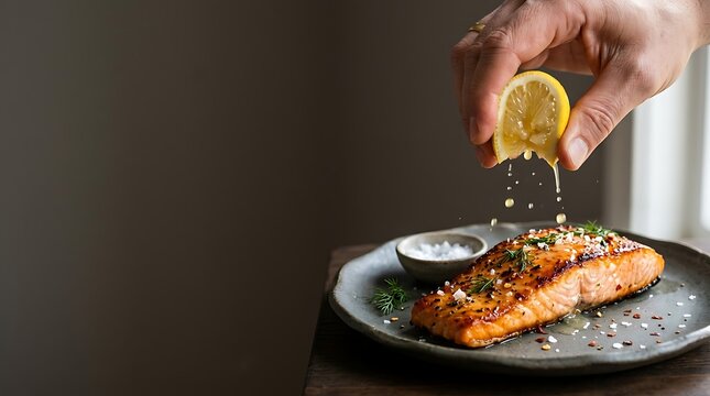 Hand squeezing fresh lemon juice onto a grilled salmon fillet