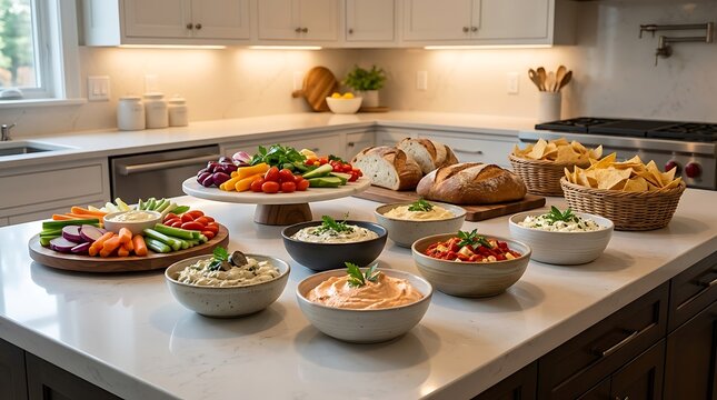 Assorted healthy vegetable dips and fresh snacks served on a modern kitchen counter for a party. kitchen dip station