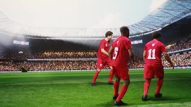Blue soccer player showing ball control and dribble skill in attack action on pitch, dribbling past red opponent in dynamic match, footwork and one on one possession duel.