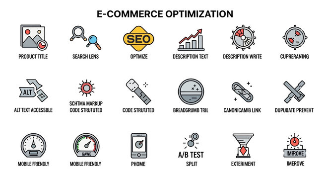 E-commerce Optimization Icons: SEO, Mobile, A/B Test, Product, Search, Ranking