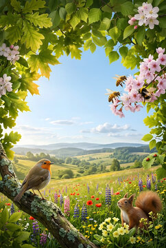 Idyllic spring meadow with robin squirrel and bees in sunny nature