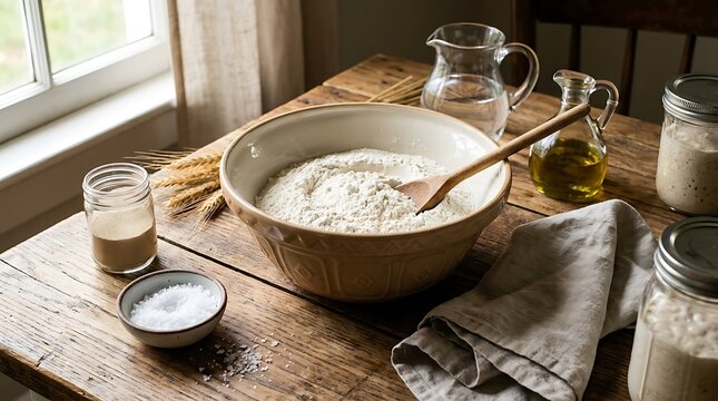 Bowl of flour and dough with wooden spoon on a rustic kitchen table for baking bread. beginner baking guide