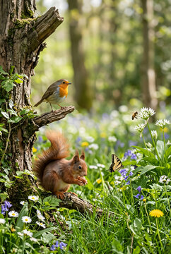 Red squirrel eating nut and robin bird perched in sunny spring forest