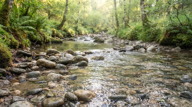 Smooth River Stones in Clear Flowing Stream with Natural Reflections