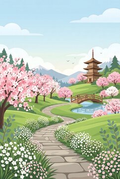 Japanese garden with cherry blossoms pagoda and stone path landscape