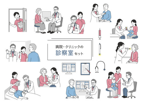病院・クリニックの診察室シーンイラストセット　医師の診察・小児科・看護師の医療ベクター素材