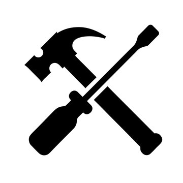 Minimalist hammer and screwdriver crossed icon, black silhouette construction tools vector, handyman service and home repair logo element