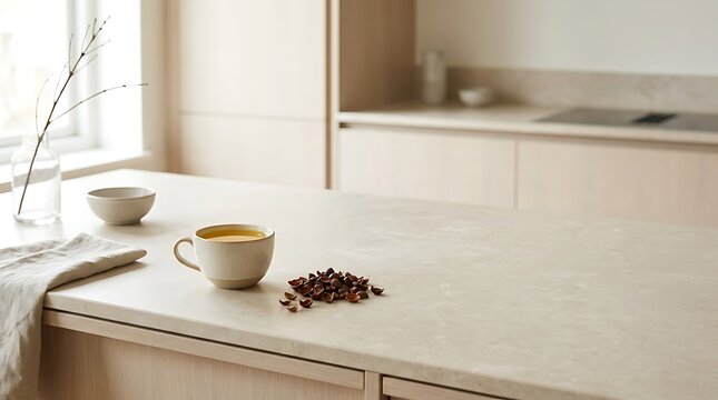 A warm cup of coffee and a small pile of roasted coffee beans on a clean kitchen counter in a bright home interior in the morning sun light. cascara tea