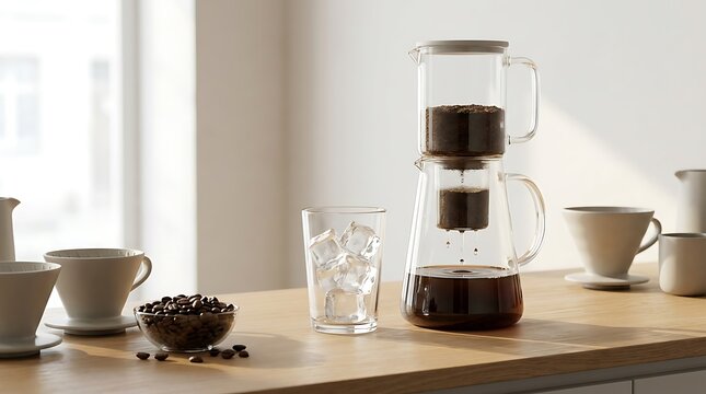 Glass cold brew coffee maker with coffee beans and a clear glass on a wooden kitchen counter in a bright room with natural morning sunlight. Cold brew setup