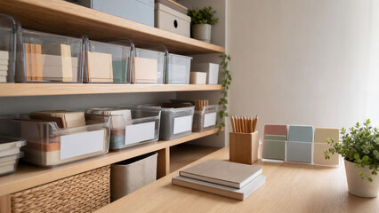 Fototapeta premium Organized teacher supply shelf with blank bins and desk materials