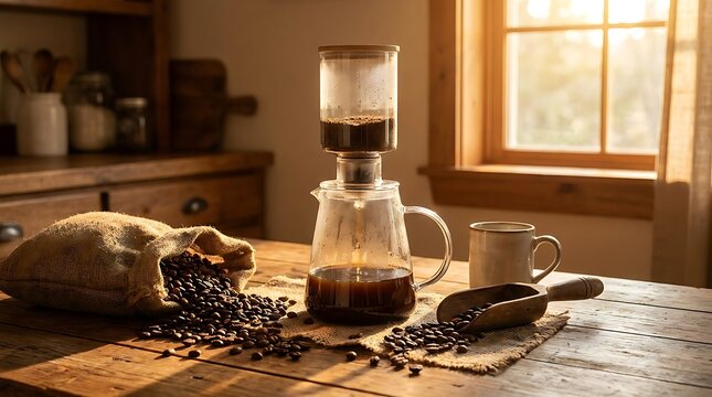 Fresh roasted coffee beans and a glass siphon brewer on a rustic wooden kitchen table near a bright window with warm morning sunlight streaming in. Cold brew setup