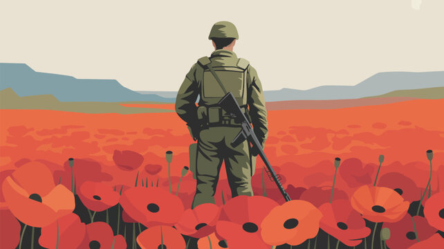 Soldier standing in expansive red poppy field looking towards distant mountains and horizon