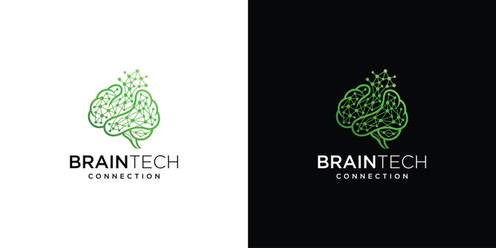 BrainTech Connection Logo with Green Digital Brain on White and Black Backgrounds