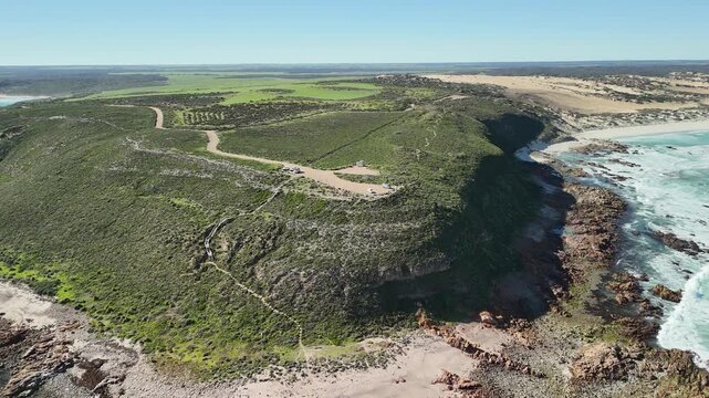 Daly Head National Surfing Reserve, White Hut, Yorke Peninsula, South Australia &ndash; 4K aerial drone view of rocky headland, turquoise waters and rugged coastline near Dhilba Guuranda&ndash;Innes National Park
