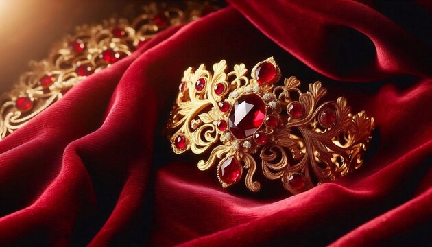 Ornate gold filigree bracelet adorned with radiant red rubies