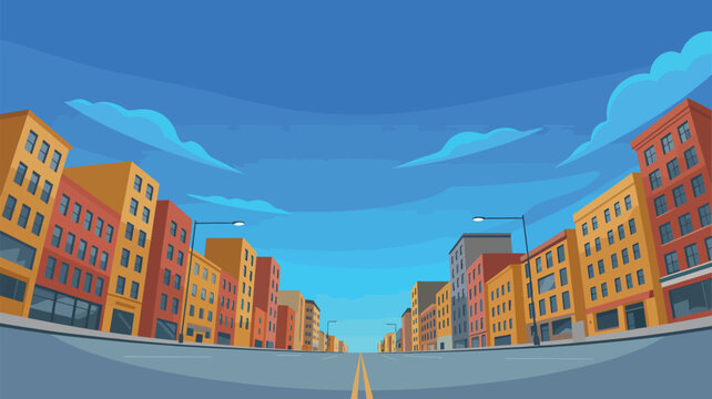 Straight view down a vibrant city street lined with colorful buildings under a clear blue sky