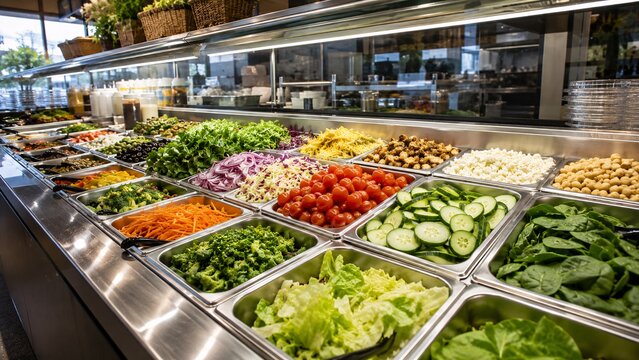 Fresh colorful vegetables displayed in metal trays at a self-service salad bar
