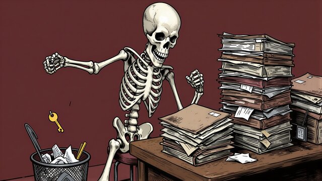 Skeleton at desk overwhelmed by paperwork, key falling into trash can.