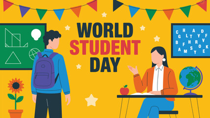 Naklejka premium Student listens to teacher in classroom celebrating World Student Day with educational elements