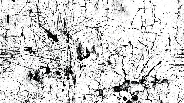 A high-contrast black and white grunge overlay texture featuring fine surface scratches, heavy wall crackles, ink splatters, and distressed noise effects for a vintage industrial look.