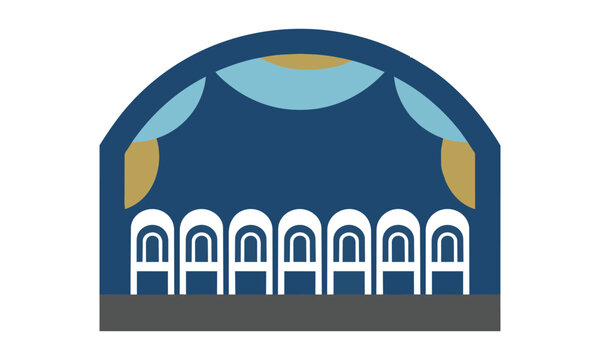 Minimalist concert hall stage icon with a proscenium arch draped curtains and a row of stylized chairs performing arts venue concept