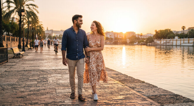 Happy couple walking along river at sunset