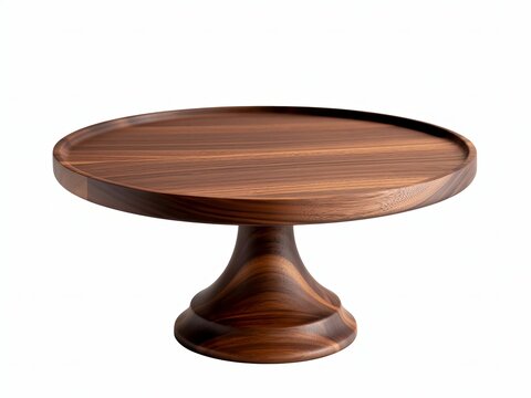 Round wooden cake stand with pedestal base isolated on a white background image photo