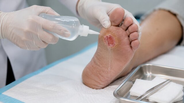 Diabetic Foot Ulcer Care Doctor Irrigating Plantar Wound with Saline Solution Using Squeeze Bottle While Wearing Sterile Gloves in Clinical Treatment Room