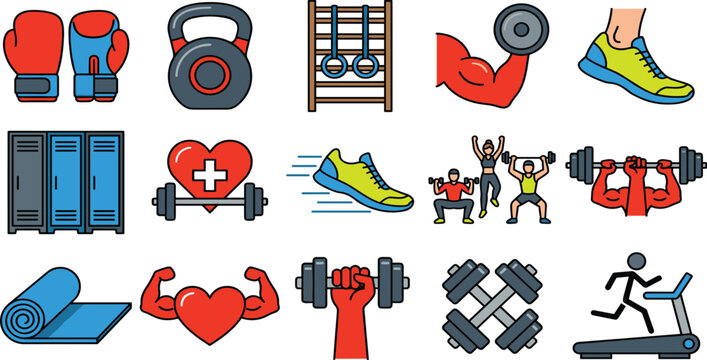 Fitness gym and bodybuilding workout icon set featuring cartoon dumbbells, boxing gloves, kettlebell, treadmill, locker, and running shoes vector illustrations.