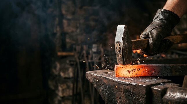 Blacksmith hammering glowing red metal on anvil in workshop