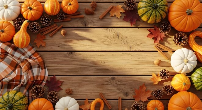 Autumn harvest background with pumpkins, pine cones, and cinnamon sticks on rustic wooden planks, top view with copy space for text
