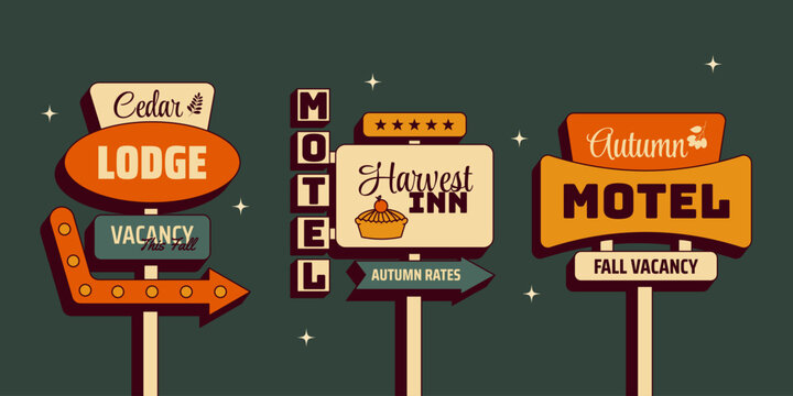 Retro autumn fall motel signs set with Harvest Inn, Autumn Motel, Cedar Lodge and vintage roadside travel signboards. Vintage mid century 1950s Americana vector illustration