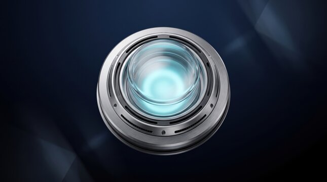 Top view of monolithic circular AI compute button with glowing blue neon energy cylinder, 3d render