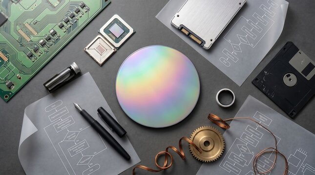 Flat lay of silicon wafer with engineering flowcharts and electronic components on dark grey background