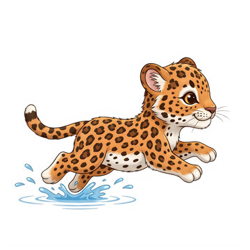 Cute baby leopard running and splashing in water isolated on transparent background