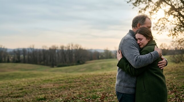 Emotional father comforting crying daughter in a rural landscape