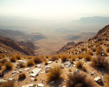 Vaste paysage d&eacute;sertique aride avec des collines ocres et rocheuses s'&eacute;tendant &agrave; perte de vue sous une lumi&egrave;re douce et brumeuse au lever du soleil