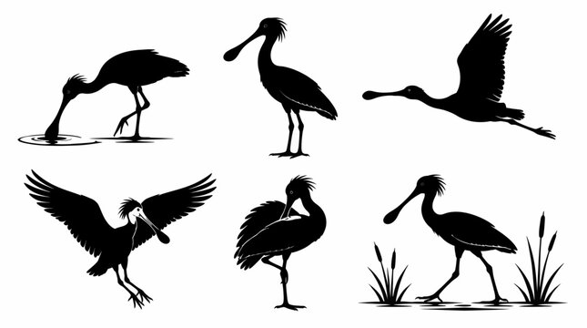 Spoonbill bird silhouettes collection in various poses