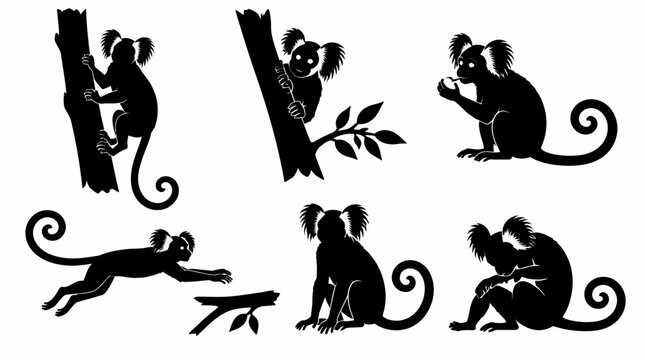Marmoset Monkey Silhouettes Set in Various Poses and Actions